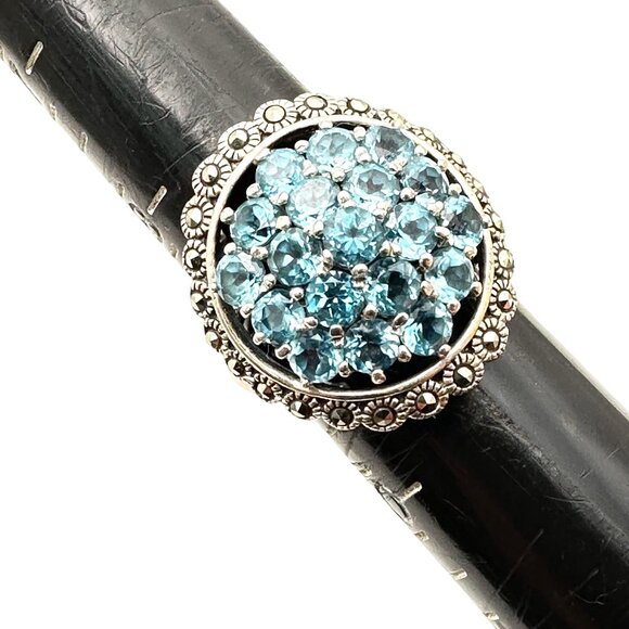 Estate Womens Ring Sterling Silver Blue Topaz Cluster Marcasite Size 9 Signed NF - Picture 9 of 9